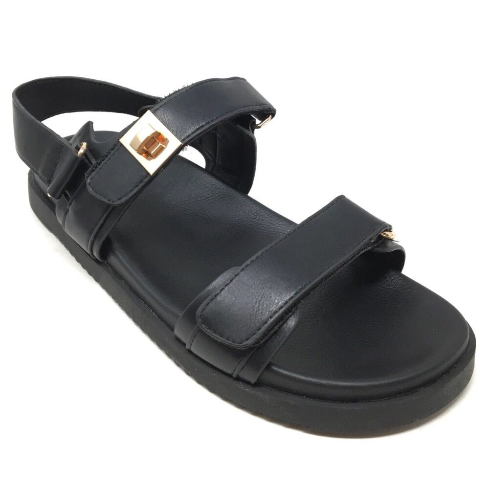 Vodvob Women’s Size 9.5 Black Flats Gold Tone Lock Design Adjustable Sandals